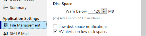 File manager disk space warnings.