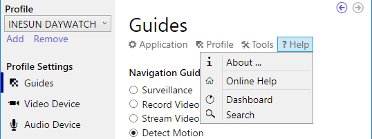 Settings dialog main menu.