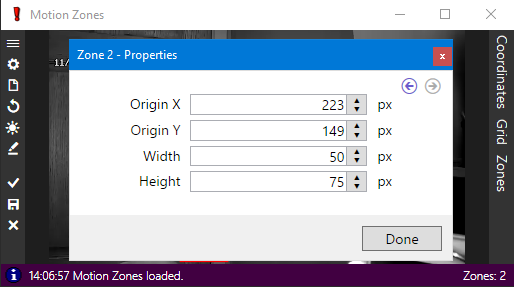 Motion zone properties popup.