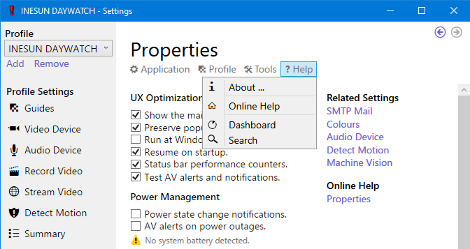 Settings dialog's properties page.