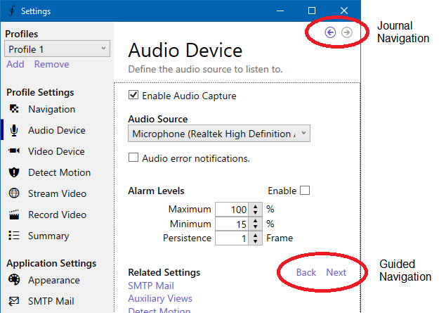 Settings dialog navigation options.