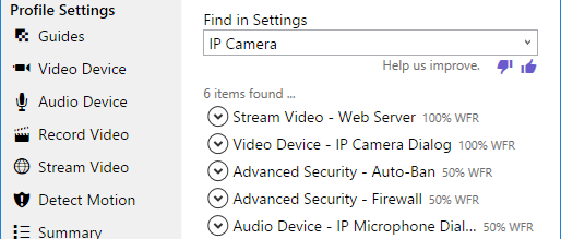 WAV101 Settings dialog parameter search.