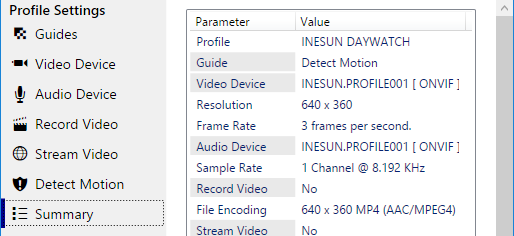 WAV101 profile configuration summary.